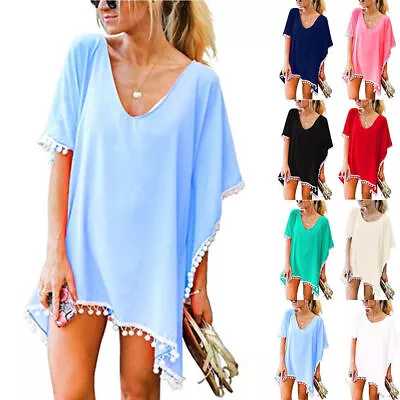 Ladies Short Sleeve V-Neck Bikini Cover Up Dress Summer Beach Kaftan Swim Dress • $21.19