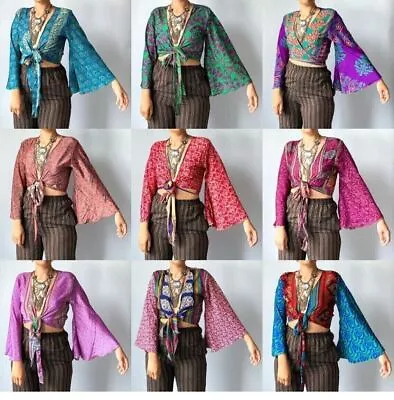 Wholesale 5 Pc Indian Vintage Silk Sari Bell Sleeve Crop Top Retro 60s Clothing • $102.95