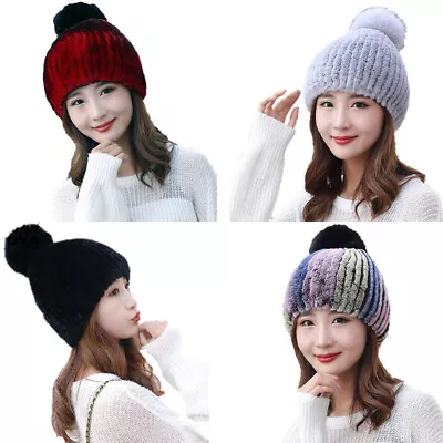 Winter Real Fur Hats Women Rex Rabbit Skullies Beanie Cap With Fox Fur Pom Pom • $22.09