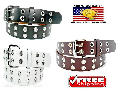 Men Women Unisex 2 Holes Row Grommet Bonded Leather Belt Removable Metal Buckle • $9.25