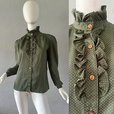 Vintage 70s Olive Green Ruffle Button Long Sleeve Secretary Blouse Top M/L • $26