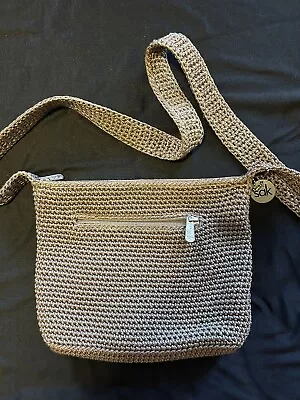 Vintage THE SAK Crochet Knit Handbag Purse Light Brown Shoulder Bag Zip Pocket • $14.98