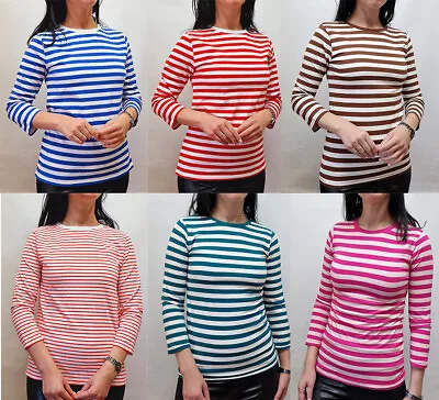 Ladies Basic Stretch Stripe Cotton Rich Casual Tops Crew 3/4 Sleeve • £6.99