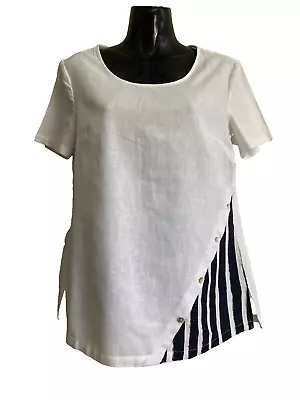 W Lane Sz 8 Small Linen Blend White With Navy Blue Contrast Short Sleeve Blouse • $16