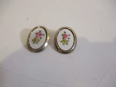 Vintage Gold Tone Oval Guilloche Pink Rose Enamel Clip Earrings 1950s • $16.99