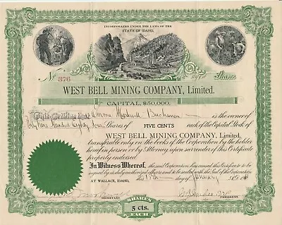 West Bell Mining Company Limited. - Stock Certificate 1915 Scripophily • $35