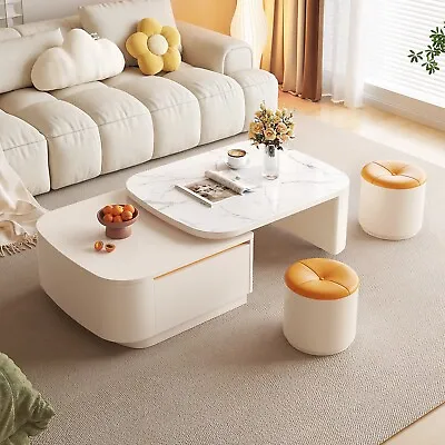 Guyii Folding Coffee Table Extandable White End Table With 2 Stools Marble Top • $269