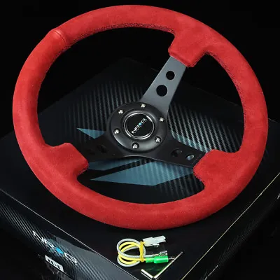 Nrg 350mm 3 Deep Dish 6-holes Bolts Steering Wheel Red Suede Grip Black 3 Spokes • $134