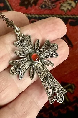 Vintage Filigree Sterling Silver Amber Maltese Cross Pendant Necklace Long Chain • $19.99
