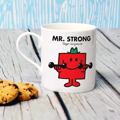 Mr Men Bone China Mug Mr Strong 10oz Cup Kitchen Dining Drinkware Gift White • £13.60