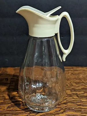 Vintage MCM Creamer Syrup Glass Pitcher Dispenser  Ivory Color Plastic Lid Spout • $12