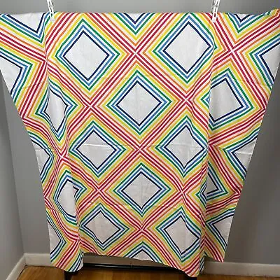 Vintage Rainbow Diamond Stripe Linen Blend Square Tablecloth Cover • $29.99