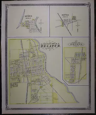 *1876 Plat Map DENVER GENEVA MEXICO DECATUR INDIANA / JAY Co. On Reverse • $45.12
