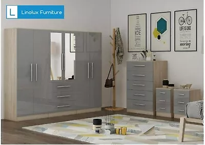 Modern 6 Door Wardrobe Bedroom Set High Gloss LIGHT GREY With 2x Bedside Chest • £719.99