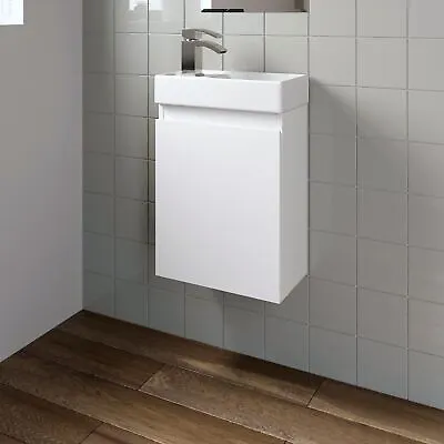 Gloss White Wall Hung 400mm Slimline Vanity Unit Basin Sink Cloakroom Bathroom • £83.67