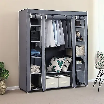 Large Canvas Fabric Wardrobe With Hanging Rail Shelving Clothes Storage Cupboard • £19.99