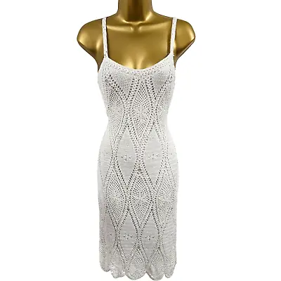 10 UK KAREN MILLEN 2 White Chantelle Beaded Hand Crochet Summer Bodycon Dress • £89.99