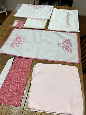 Lot Of Vintage Pink Misc. Linens Napkins Pillowcases Runner 12 Total Pieces • $14