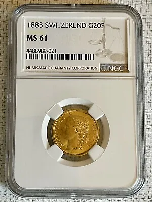 Switzerland 1883 20 Francs Gold NGC MS61 SKU# 6638 • $709.61