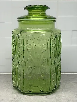 Vintage L.E. Smith Imperial Atterbury Scroll Green Glass Canister Jar 9  • $30