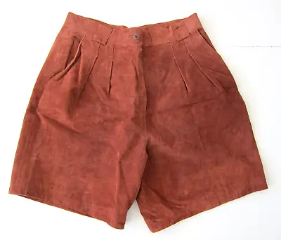 Vintage FOXRUN Brown Suede Leather Pleated High Rise Waist Shorts Women Large • $31.49