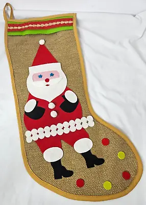 Vintage Burlap & Felt Santa Clause Christmas Stocking MCM Cottage Core Farmhouse • $14.99