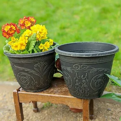 Planter Pot Round Garden Decorative Outdoor Ornate Black Gothic 30cm Plant Pots • £7.75
