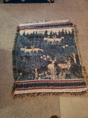 Crown Crafts Vintage 90's Woven Cotton Throw Blanket Deer Outdoor Scene USA Made • $16.02