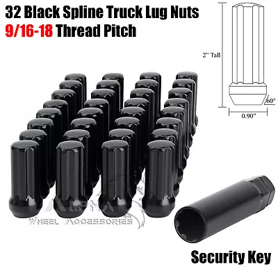 32 Black Spline Lug Nuts 9/16-18 Fits 1987-1998 Ford F-250 F-350 + Security Key • $30.95