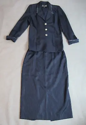 Moshita Couture Skirt Suit Womens Sz 14 Blue Striped Glitter Rhinestone 2 Pc Set • $54.94