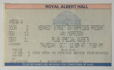 VAN MORRISON 1989 Oct 12 Royal Albert Hall UK CONCERT TICKET STUB • $7.58