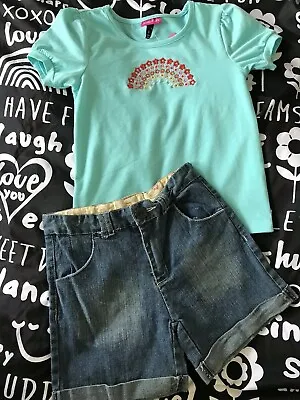 Girls Size 3 Rainbow Sequin T Shirt & Shorts Adjustable Waist NEW Aqua • $8.99