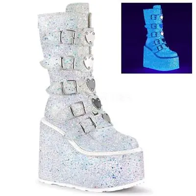 Womens Buckle Shiny Punk Gothic Mid-Calf Boots Wedge High Heels Platform Shoes • $54.59