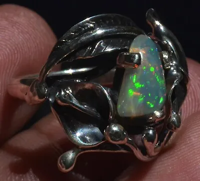 FLASHING NATURAL FIRE OPAL 925 SILVER LILIES RING Sz 6 MEXICAN TAXCO JEWELRY • $102