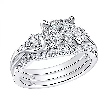 Vintage Trio Wedding Rings Set 925 Sterling Silver Round Cut CZ Promise Rings • $40.99