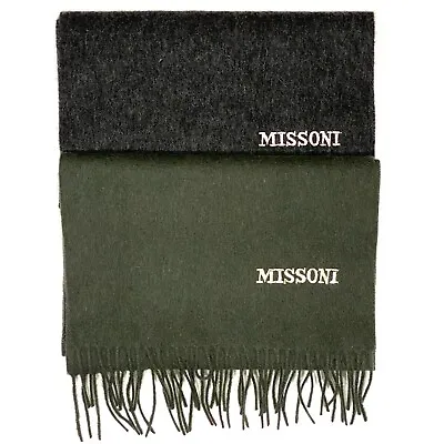 MISSONI Mens Womens Wool Fringe Scarf Ivory Logo Green Gray • $28.99