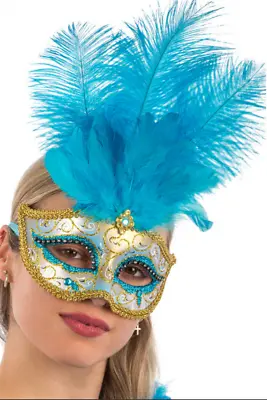 Ladies Masquerade Mask Halloween Ball Feathered Venetian Costume Fancy Dress • £14.99