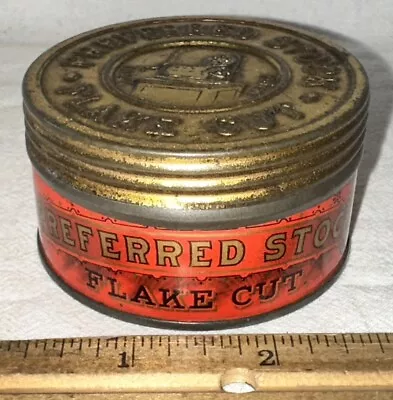 Antique Preferred Stock Flake Cut Tobacco Tin Litho Pocket Can Ticker Tape Image • $9.99