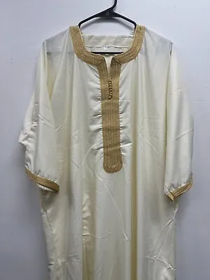 Men's Moroccan Djellaba 3/4 Sleeve Thobe Handmade Arab Dishdasha White/Gold • $54.99