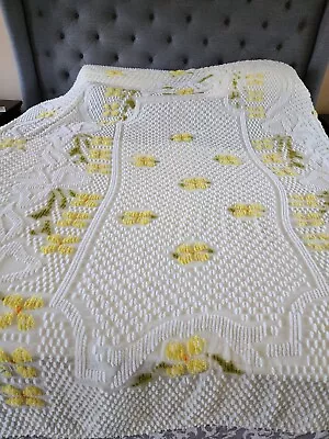 Vintage Chenille Bedspread White Yellow Flowers Flaw - Hole Tears 91x100 • $20