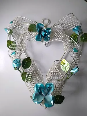 Antique Handmade Metal Wire Heart Shaped Wreath W/ Roses & Bow Wall Decor RARE • $59.99