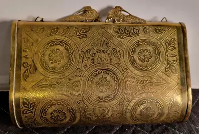 Vintage Art Deco Engraved Brass Clutch Evening Handbag Double Peacock Clasp • $69.95