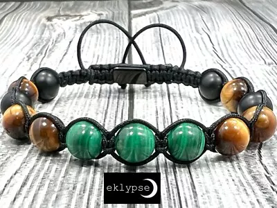 LUXE Steel Macrame Adjustable 8mm Malachite+TigersEye Gemstone Bead Men Bracelet • $26.99