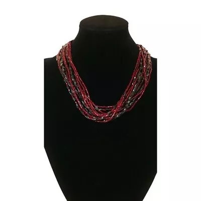 Vintage Multi Strand Twisted Torsade Necklace Red Glass Bugle Beads Black 18  • $16