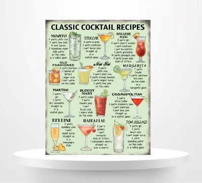 Classic Cocktail Menu Recipe Metal Wall Sign Plaque Home Bar Man Cave Wine Bar • £4.99