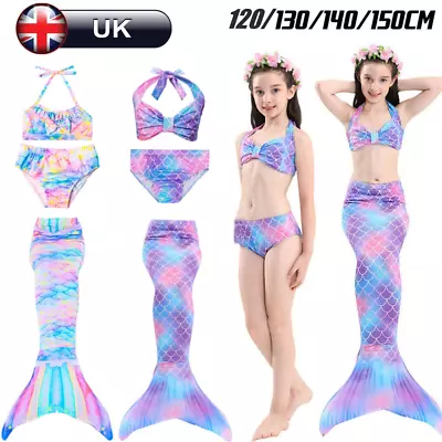 Girls Mermaid Tail Swimming Costume Swimmable Bikini Set Summer Kids Swimsuit • £10.82