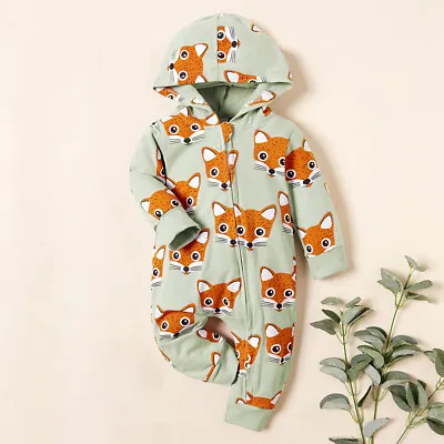 Newborn Baby Boys Girls Fox Romper Long Sleeve Hooded Jumpsuit Outfits Clothes • £12.69