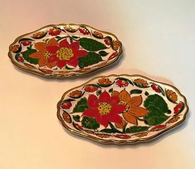Pair - Vintage Handmade Manousakis Keramik Rodos Greece Red Orange Floral Dishes • $29.99