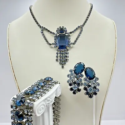 Vintage Juliana D&E Blue Rhinestone Parure Necklace Bracelet & Earrings Set • $101.24