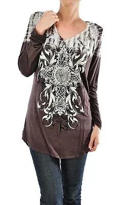 VOCAL Brown Long Sleeve Tie Dye Rhinestone Cross Graphic T Shirt Top Tunic Small • $29.24